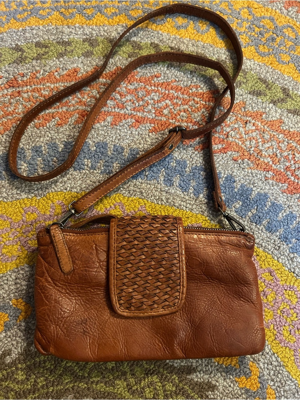 Women's Tan Woven-Flap Leather Crossbody Bag